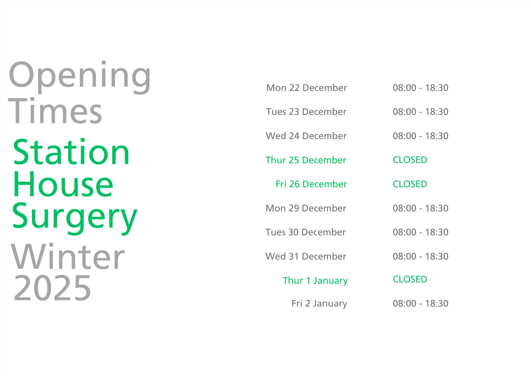 Winter 2025 Opening Times