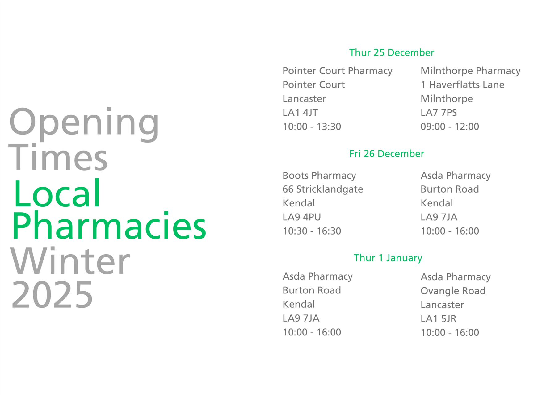Winter 2025 Local Pharmacy Opening Times